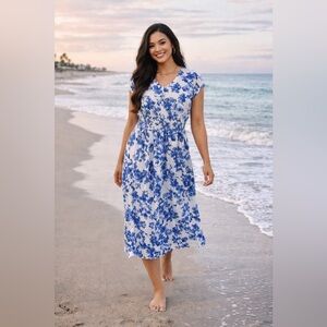 Calvin Klein Blue and White Floral Midi Dress